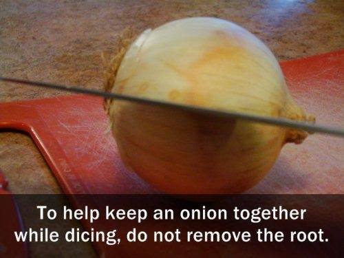 Dicing a whole onion, keep it together by not removing root