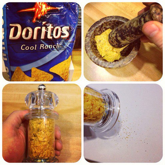 Crush Chips into a grinder for seasonings
