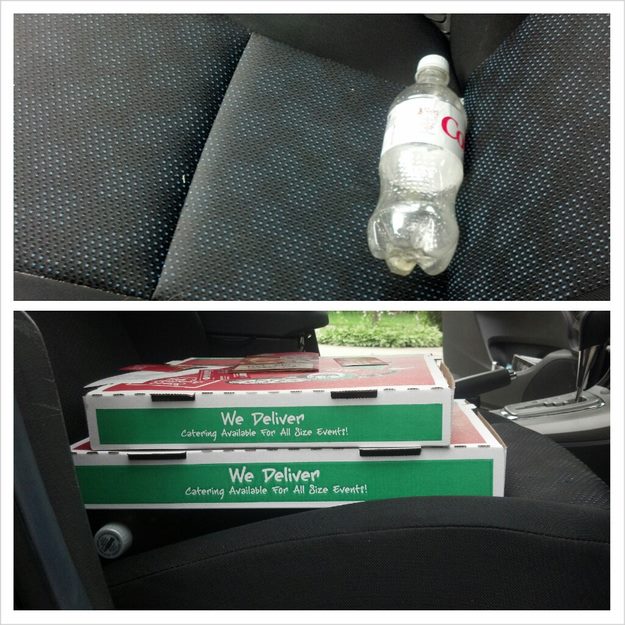 Use a bottle to keep pizzas level in the car